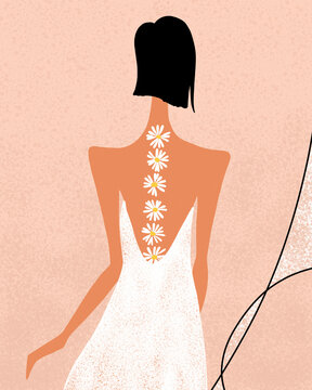 Stylized illustration of a woman in a white dress with her back turned on a pink background