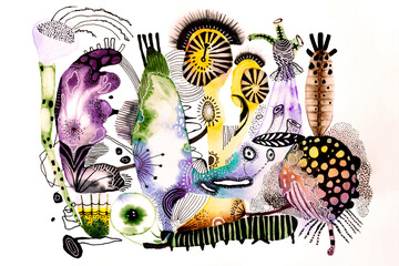 Bright abstract watercolor drawing of unusual streamlined shapes in various colors