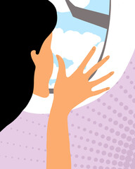 Illustration of a person looking out an airplane window at the sky