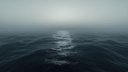 Obraz premium Foggy ocean, ship wake, sunrise, calm sea, travel