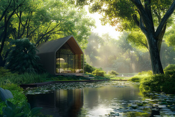 Obraz premium Concept depicting new possibilities for the development of sustainable construction technologies and green living the form of a house-shaped pond located in a lush forest. 3d rendering