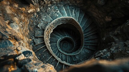 Fototapeta premium Ancient spiral staircase, stone, weathered, decaying, circular.