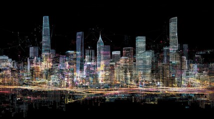 Fototapeta premium Cityscape at night, network connections, urban, technology, futuristic, background, illustration, website, banner