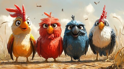 Fototapeta premium Four vibrant cartoon birds standing in a field