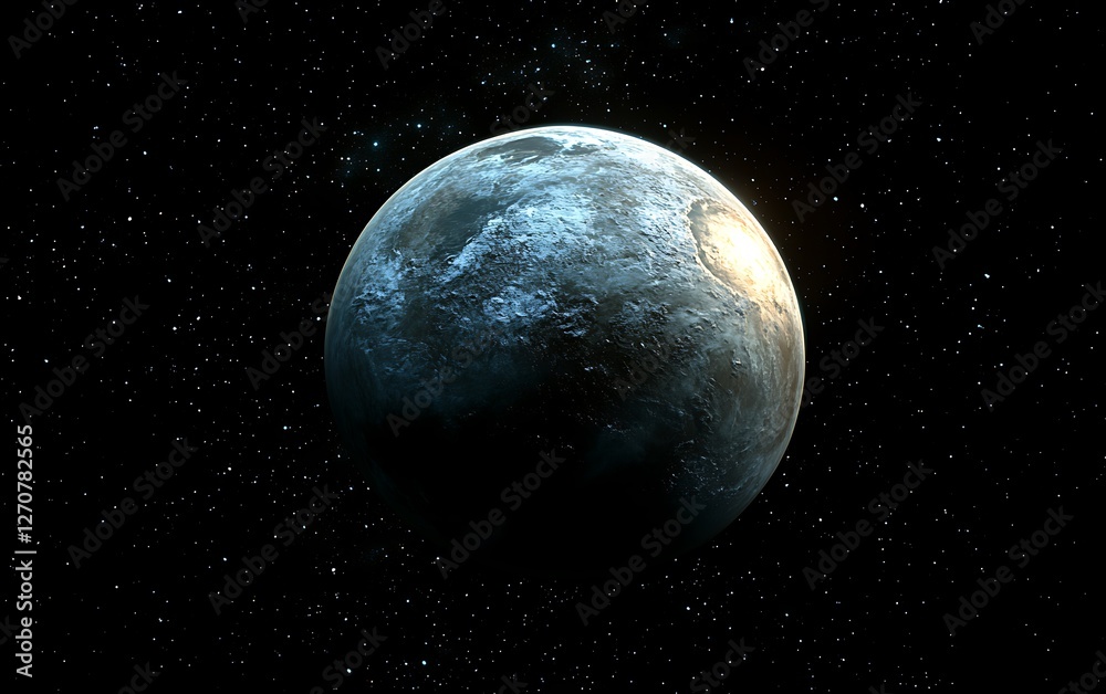 Poster frozen moon in space; cosmic celestial body; distant solar system; space exploration; educational re