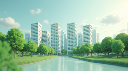Sustainable cityscape with high rise buildings and green trees, 3D illustration