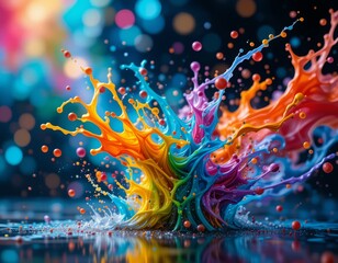Obraz premium Abstract Dance of Colors: Vibrant Liquid Motion in Water Splash Bokeh