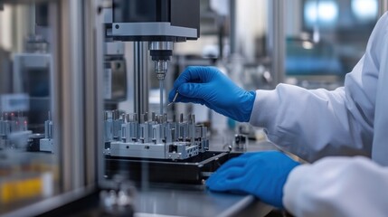 Technician operating precision machinery in a cleanroom lab