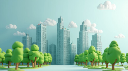 Sustainable cityscape with high rise buildings and green trees, 3D illustration