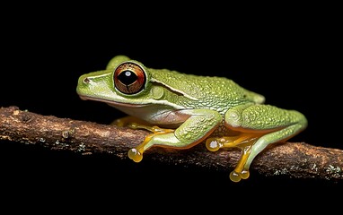 Close-up of a green tree frog on a branch