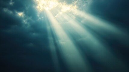 Fototapeta premium A serene scene of sunlight breaking through dark clouds, casting ethereal rays that evoke a sense of peace and wonder.