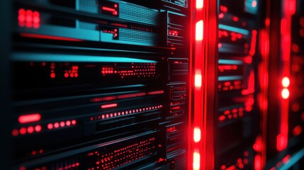 Futuristic Server Room with Red Lights and Digital Data Display
