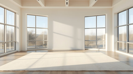 Fototapeta premium A spacious, sunlit room with a large area rug on a hardwood floor. 
