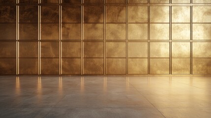 Fototapeta premium A sleek, modern interior featuring a glossy gold wall panel and a smooth floor, creating a luxurious and elegant atmosphere.
