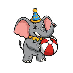 Cartoon Circus Elephant Wearing Hat Holding Ball on White Background