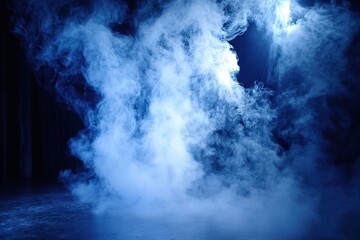 Blue smoke swirls stage backdrop, dark studio