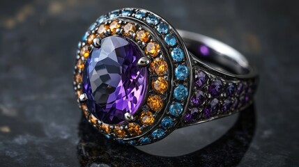 Fototapeta premium Amethyst ring, gemstone jewelry, dark background, luxury, product shot