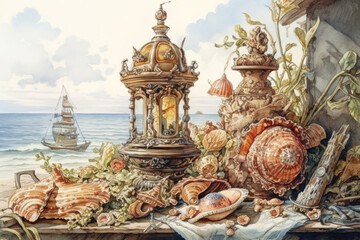Obraz premium still life on a marine theme with many shells, a lantern and a lighthouse with the sea in the background, watercolor, illustration., watercolor style, Generative AI