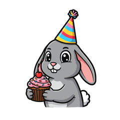 Cartoon Bunny Wearing Party Hat Holding a Cupcake with Frosting and Sprinkles