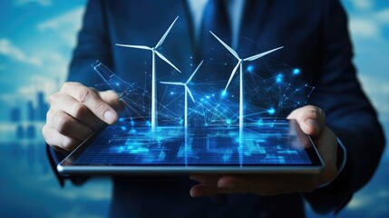Green Energy Innovation, A digital visualization of wind turbines on a tablet