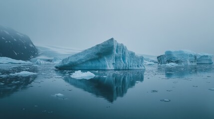 Arctic iceberg reflection, foggy landscape, glacial sea, climate change impact