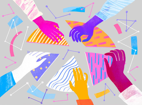 Abstract illustration of diverse hands assembling colorful pieces symbolizing teamwork