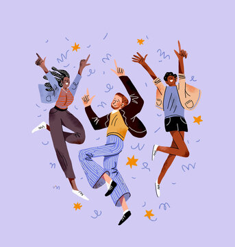 Illustration of dancing happy young people in casual clothes depicting joy and fun