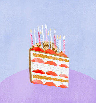 Festive cake with candles for a birthday or anniversary celebration