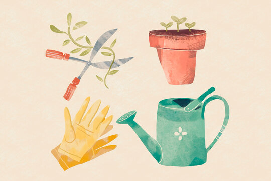 Illustration of garden tools for transplanting and caring for plants at home and in the garden