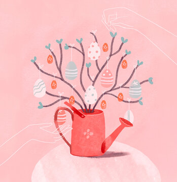 Easter spring background with colorful decorative eggs hanging on branches in a watering can