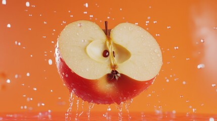 Sliced apple, water splash, orange background, healthy food, advertising