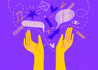 Illustration of raised hands with communication icons on a purple background