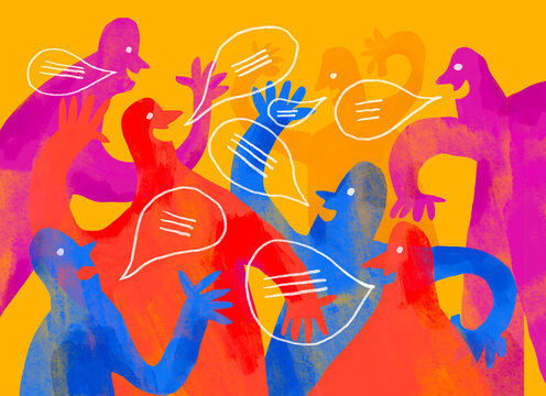 Colorful abstract illustration of people communicating and connecting through speech and dialogue