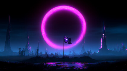 Neon Horizon Alien Landscape with Purple Ring Portal and Flag in Futuristic Dark Cyberpunk Style