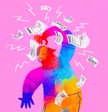 Illustration of a man overwhelmed by documents and tax forms on a pink background