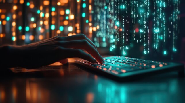 Night coder typing, data stream background, city lights