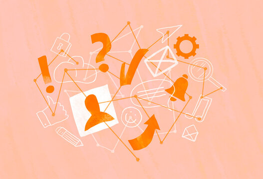Illustration with communication and social media design icons on an orange background