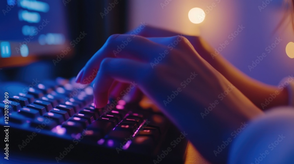 Poster night coding session, hands typing on illuminated keyboard