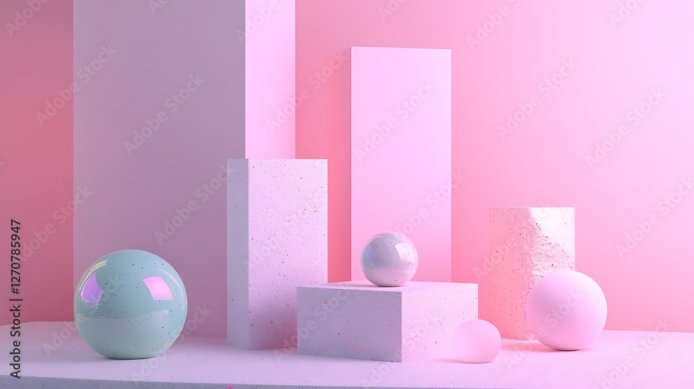 Aufkleber abstract geometric display with spheres and rectangular columns, soft pink background for product mo