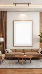 Fototapeta premium A large poster mockup framed and hanging on a modern living room wall, with a blank space for artwork. Surrounded by stylish furniture and soft ambient lighting, creating a contemporary