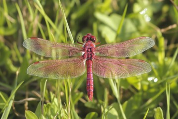 Pink Dragonfly on Green Grass - Beautiful Closeup of Nature Background