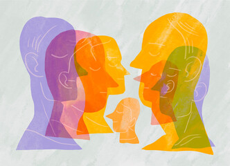 Minimalistic abstract illustration with colorful portraits of heads in profile representing human diversity and connections