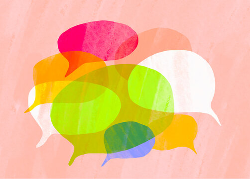Multicolored speech bubbles on a bright background illustrating communication