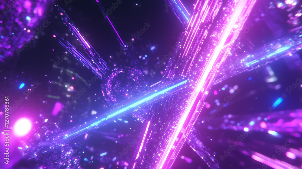 Poster neon light array with galactic core in violet and cyan abstract futuristic spacescape design