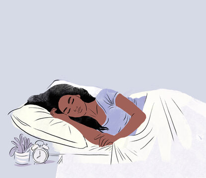 Illustration of a brunette woman sleeping peacefully on a pillow with an alarm clock nearby