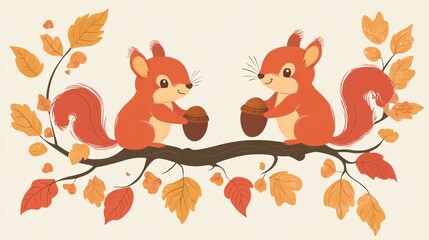 Three Red Squirrels Eating Acorns in Nature