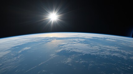 Fototapeta premium A stunning view of Earth from space, showcasing the horizon and the sun shining brightly above.
