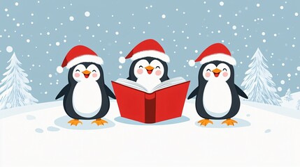 Singing Penguins in Santa Hats on Red Background