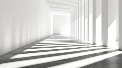 Fototapeta premium Sunny hall, with long corridor, architectural shadows, for advertising, art, or home design inspiration