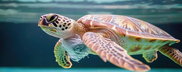 Plastic pollution idea. A beautiful sea turtle swimming gracefully under clear ocean waters.